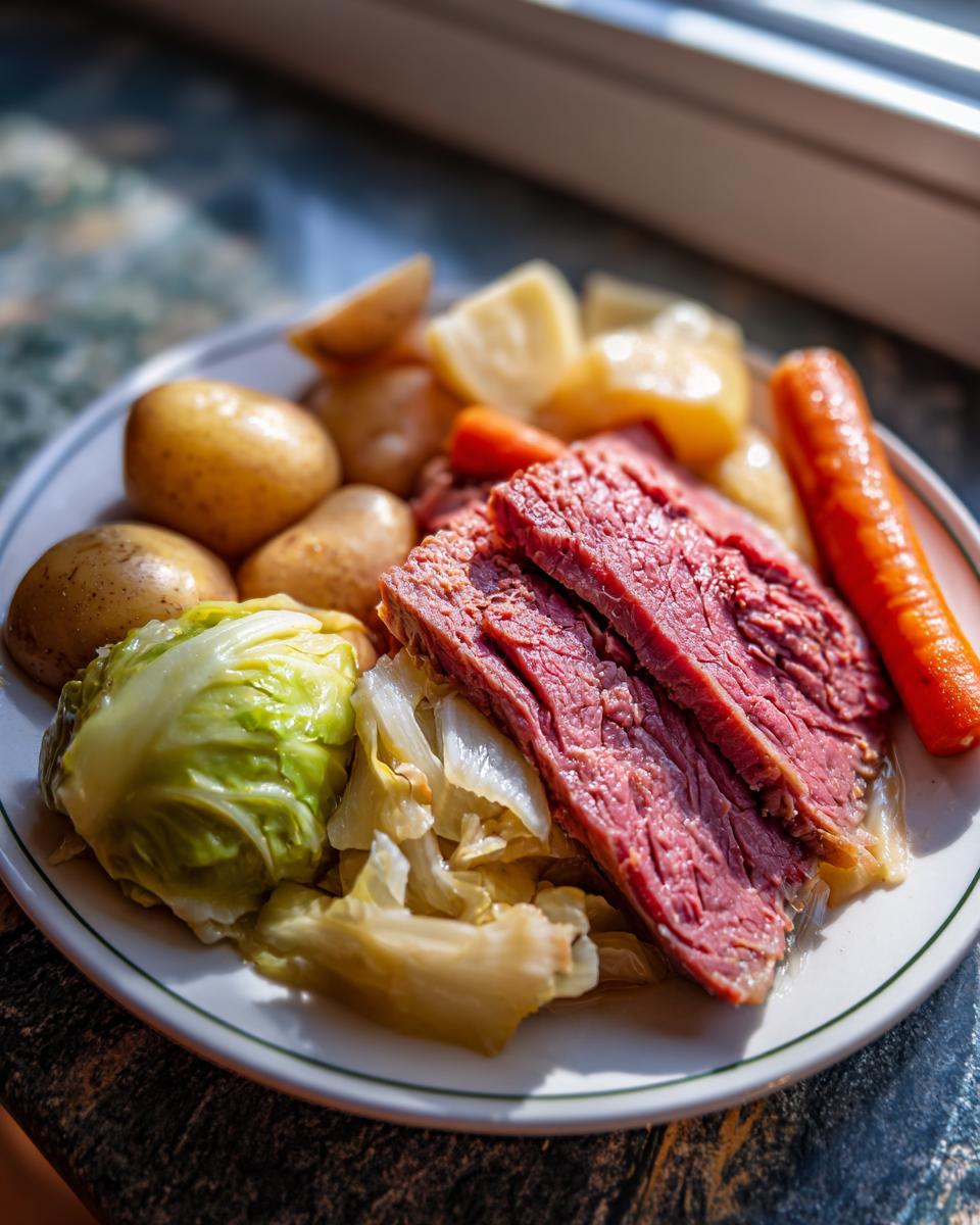 Close-up of a plate featuring tender slices of corned beef served with boiled potatoes, cabbage, and carrots.