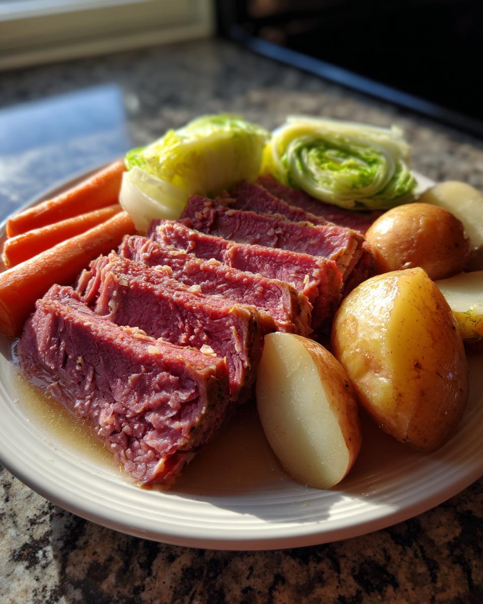 Slices of tender corned beef served on a plate with boiled potatoes, carrots, and cabbage wedges.