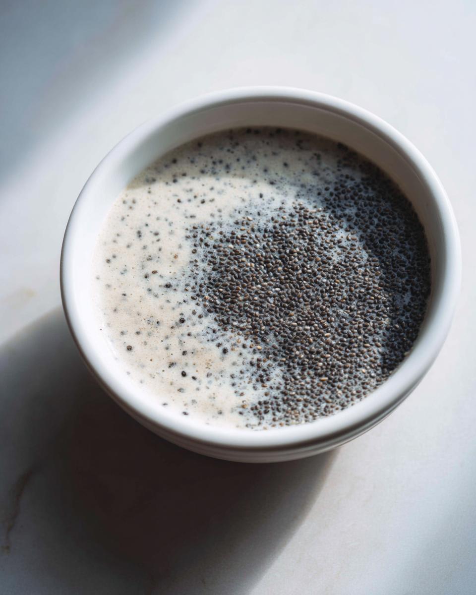 Overhead shot of dry chia seeds being added to liquid for chia seed pudding in a white bowl.