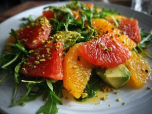 Close-up of a vibrant citrus salad featuring grapefruit, orange segments, avocado, and arugula, topped with chopped pistachios.