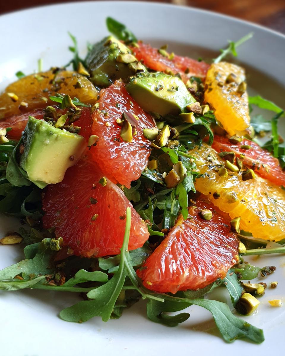 Close-up of a vibrant citrus salad featuring grapefruit, orange segments, avocado chunks, and crushed pistachios over arugula.