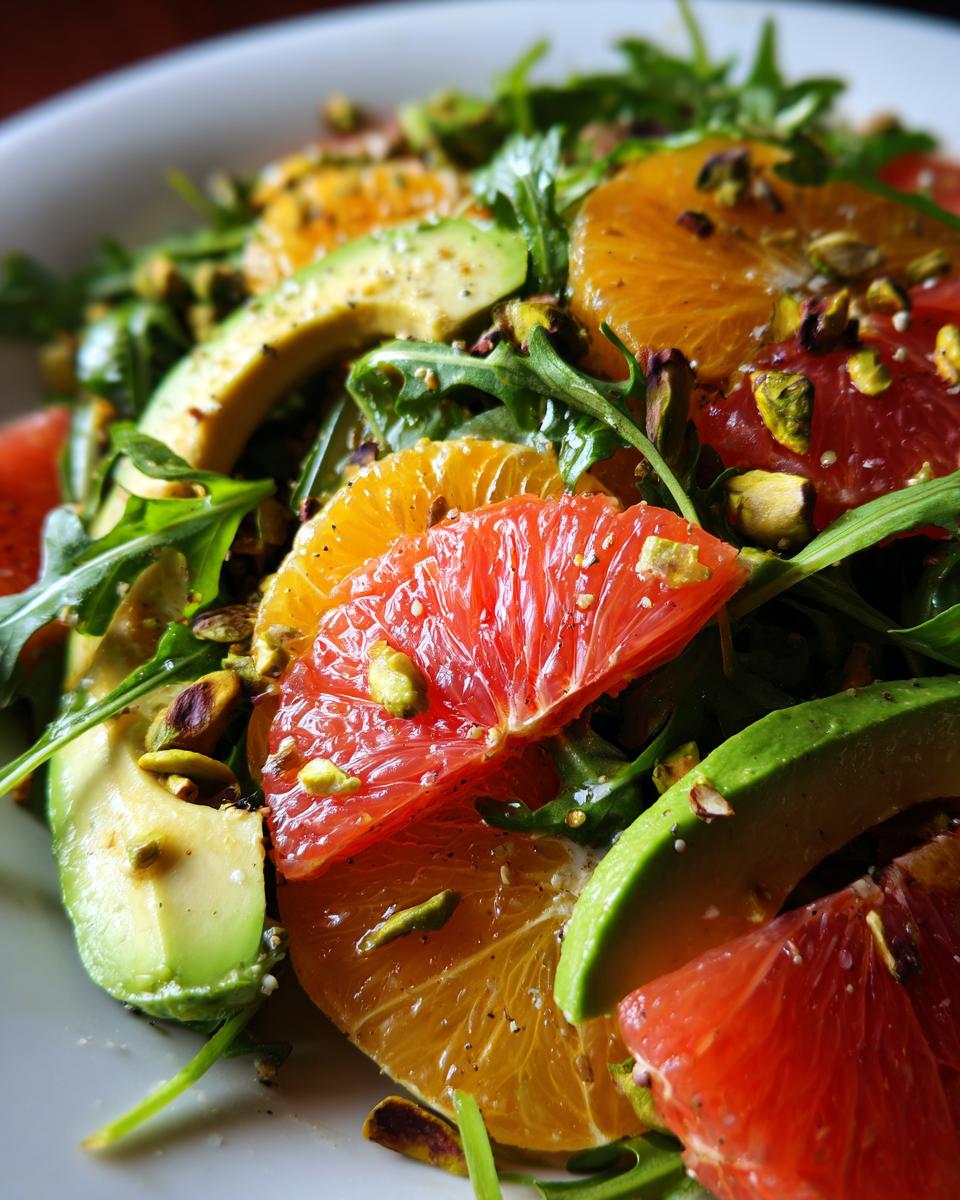 Close-up of a vibrant citrus salad featuring slices of grapefruit, orange, avocado, and arugula topped with pistachios.