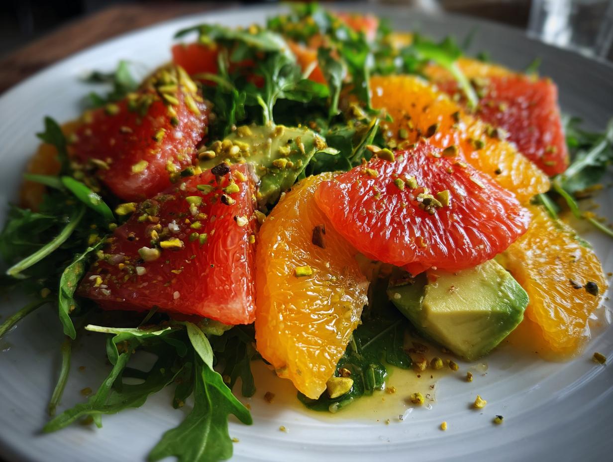 Close-up of a vibrant citrus salad featuring grapefruit, orange segments, avocado, and arugula, topped with chopped pistachios.