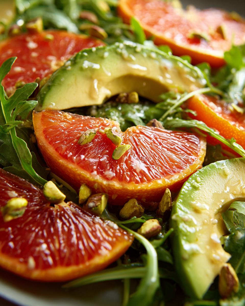 Close-up of a vibrant citrus salad featuring blood orange slices, avocado, arugula, and chopped pistachios.