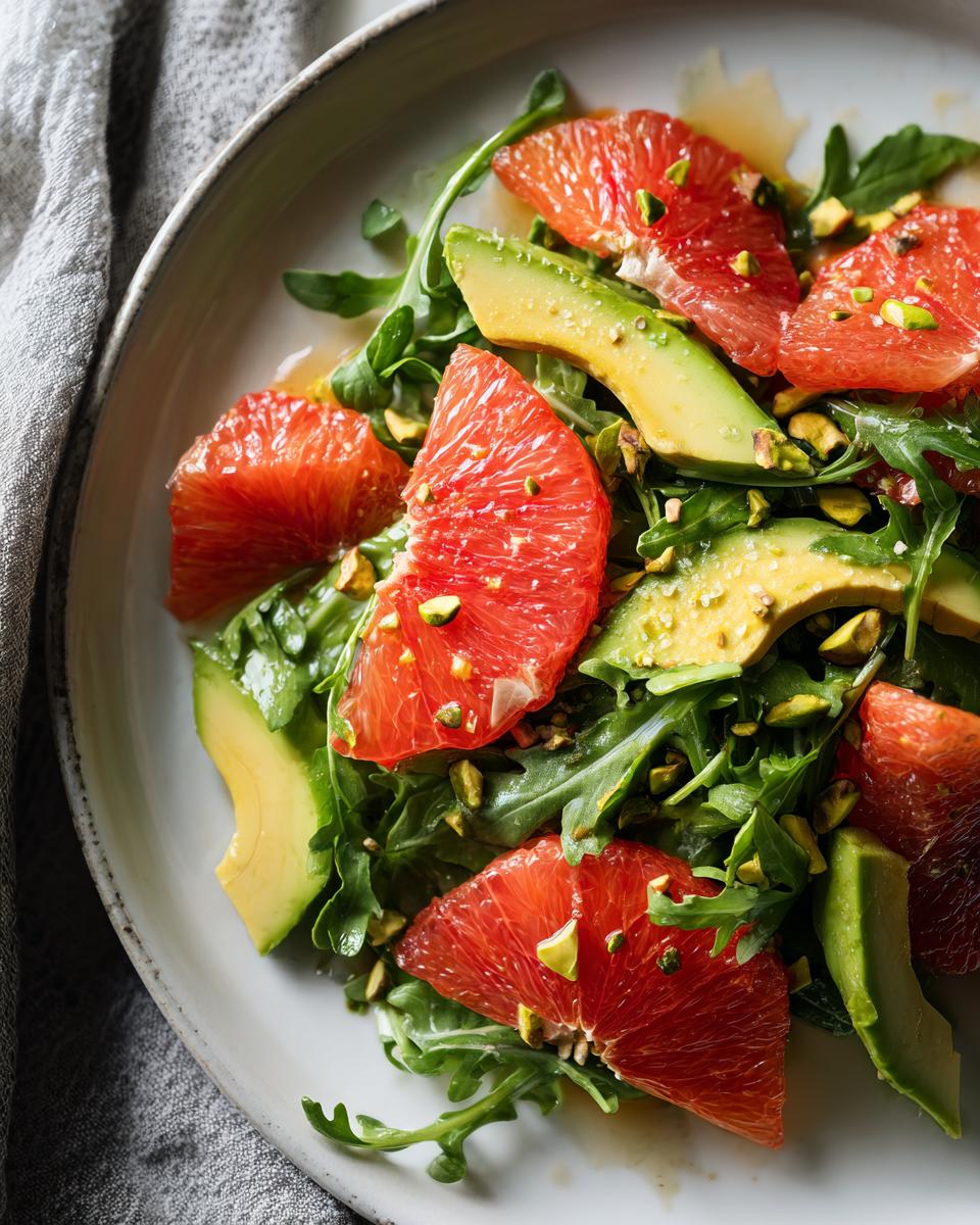 Close-up of a vibrant citrus salad featuring ruby red grapefruit segments, sliced avocado, and arugula, topped with chopped pistachios.