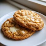 Two freshly baked white chocolate macadamia nut cookies stacked slightly on a white plate.