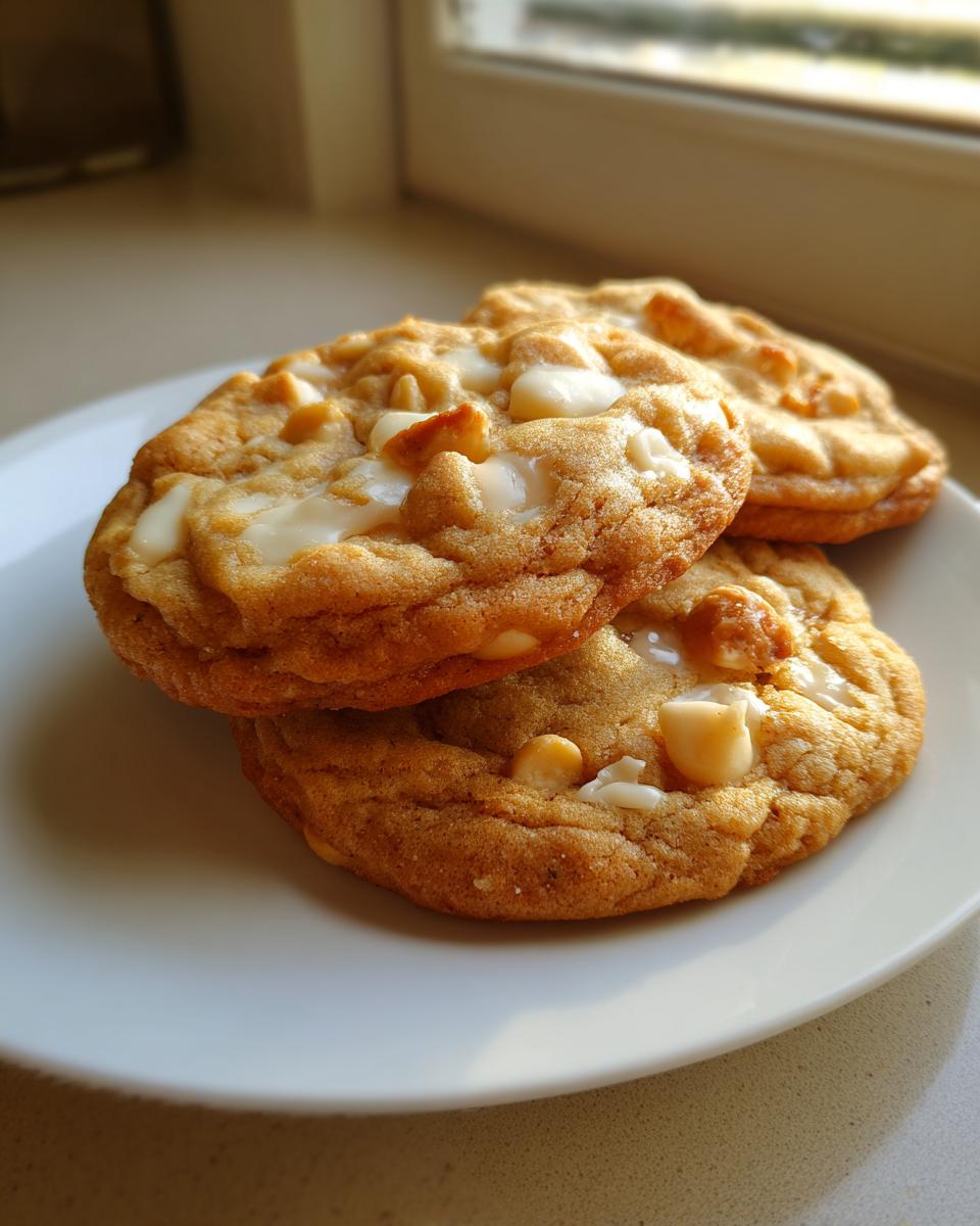 Three freshly baked white chocolate macadamia nut cookies stacked on a white plate near a window.