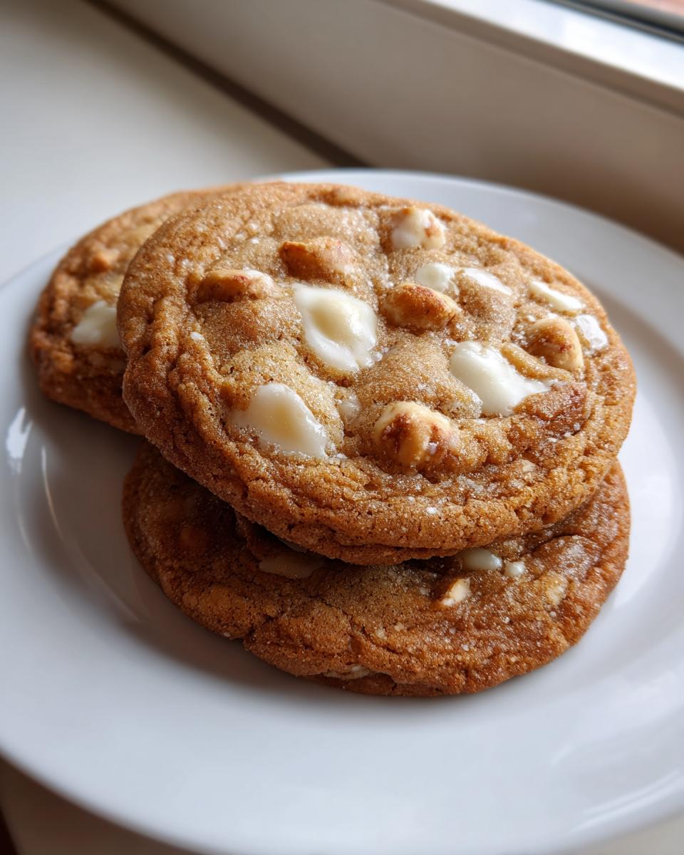 Two golden brown white chocolate macadamia nut cookies stacked on a white plate near a window.