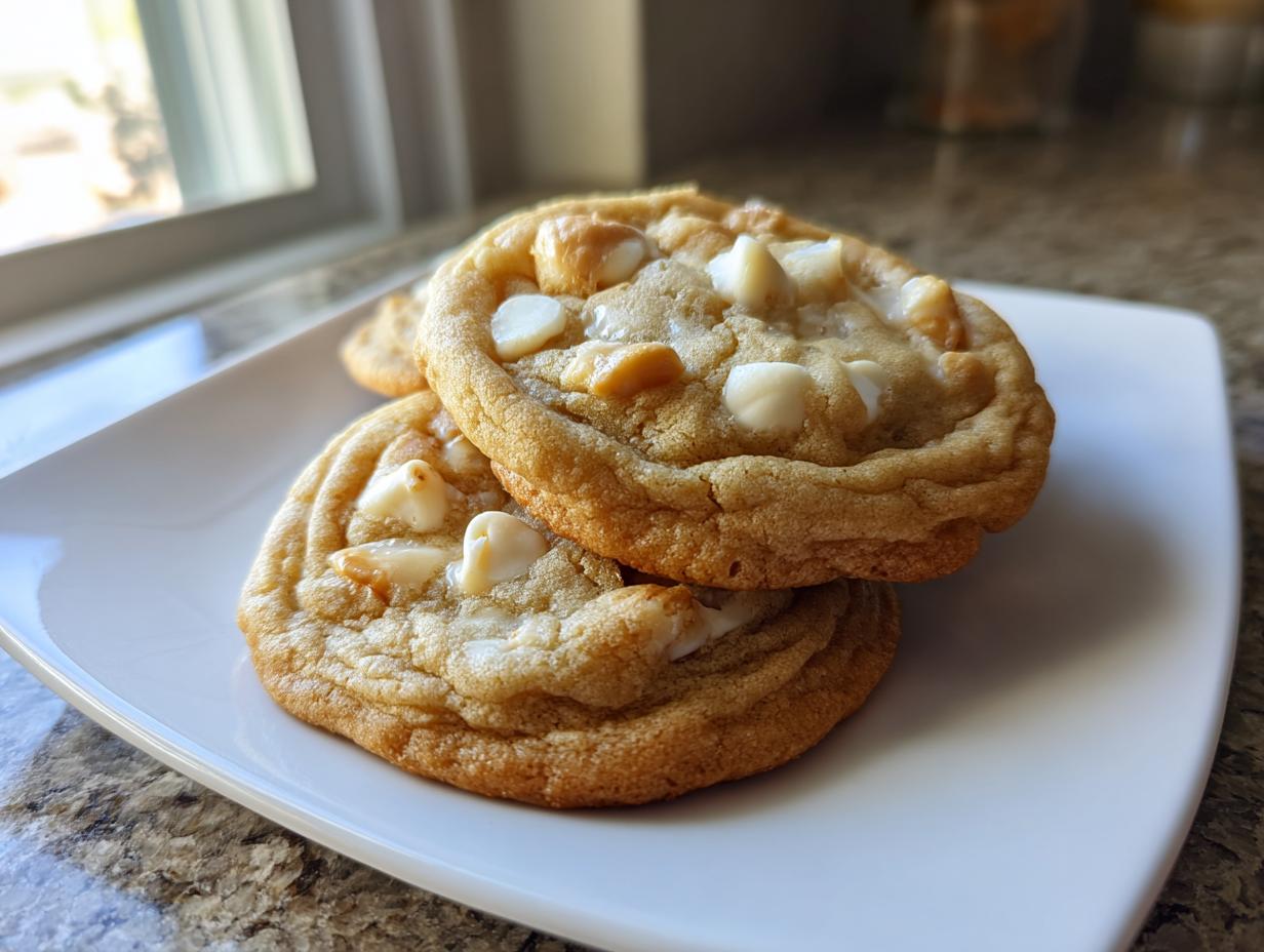 Close-up of two golden brown white chocolate macadamia nut cookies stacked on a white plate.