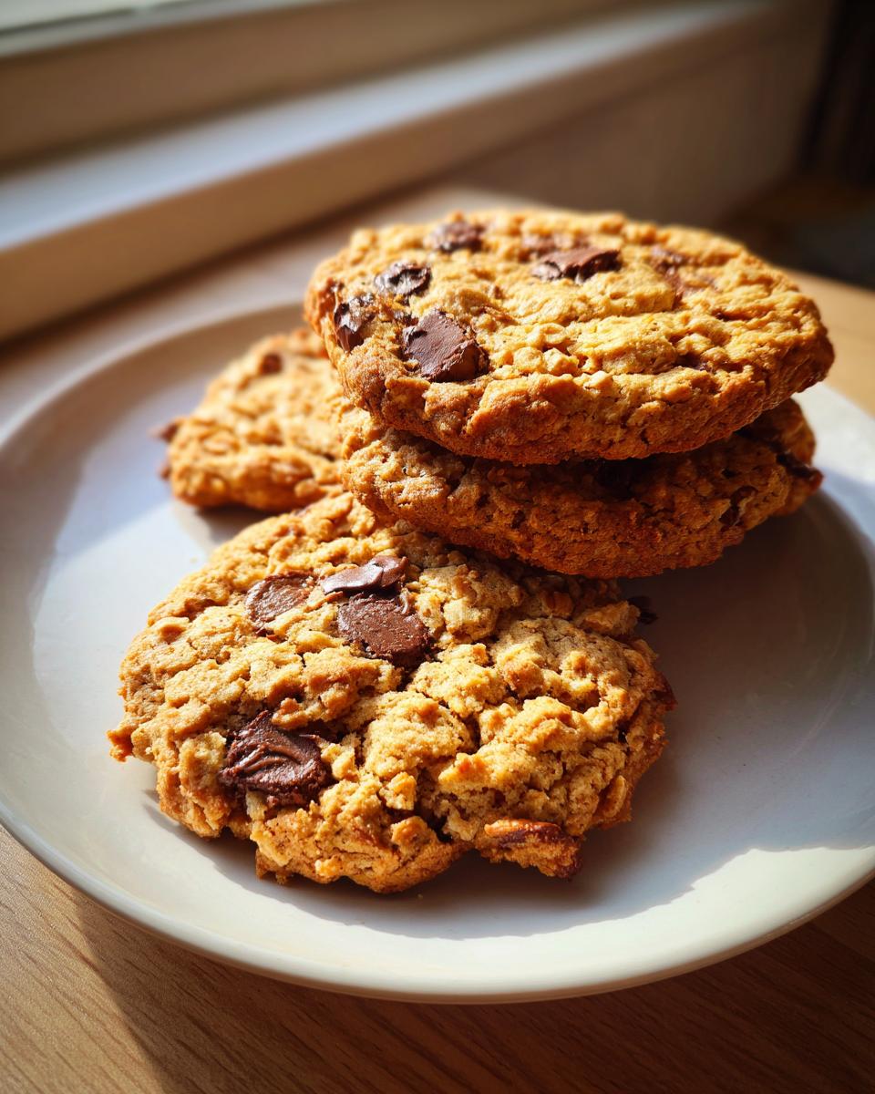 A stack of three golden-brown zucchini cookies loaded with chocolate chips resting on a white plate.