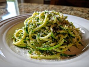 A close-up of a mound of fresh zucchini noodles tossed with herbs and topped with grated Parmesan cheese.