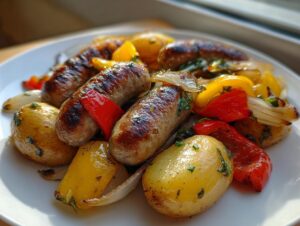 Close-up of grilled sausages mixed with roasted potatoes, colorful peppers, and onions, featuring the sausage peppers onions and potatoes.