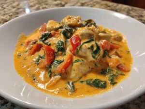 Close-up of a white bowl filled with creamy, orange coconut curry featuring chunks of chicken, red bell peppers, and wilted spinach.
