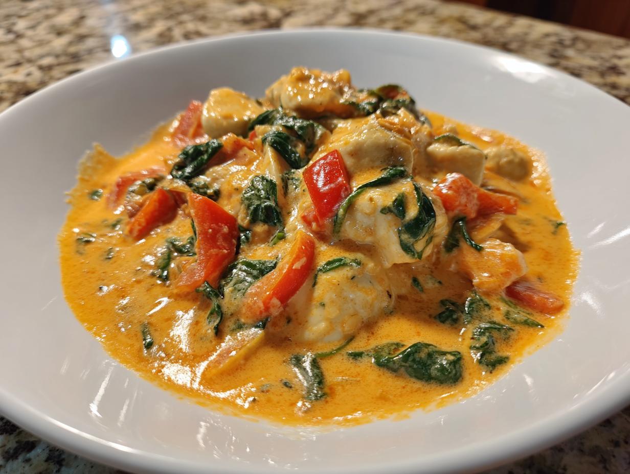 Close-up of a white bowl filled with creamy, orange coconut curry featuring chunks of chicken, red bell peppers, and wilted spinach.