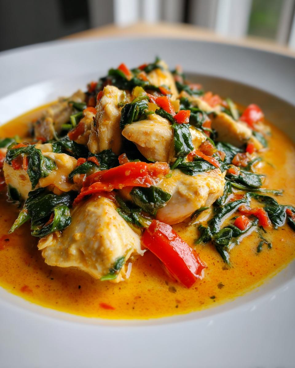 Close-up of tender chicken pieces swimming in a rich, orange coconut curry sauce with wilted spinach and red bell peppers.