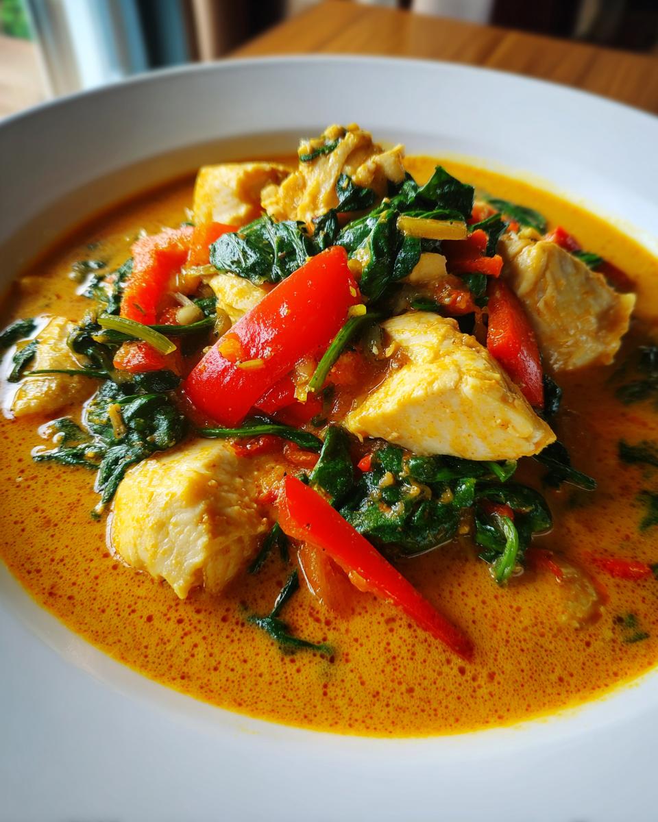 A close-up shot of a vibrant bowl of 30-Minute coconut curry featuring chunks of protein, bright red peppers, and dark green spinach.