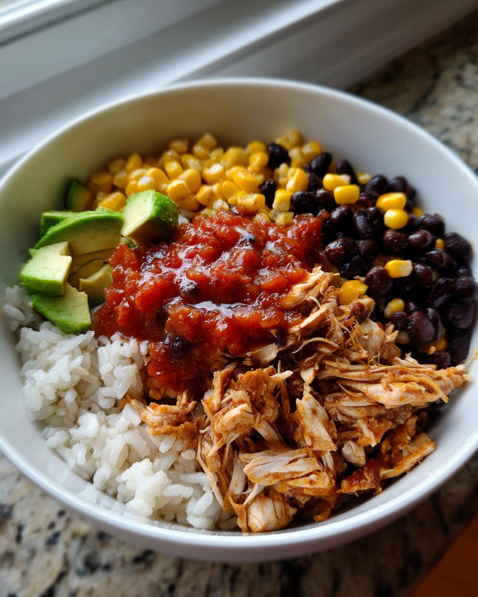 A close-up of a white bowl filled with white rice, shredded chicken, black beans, corn, salsa, and avocado chunks for a chicken burrito bowl.