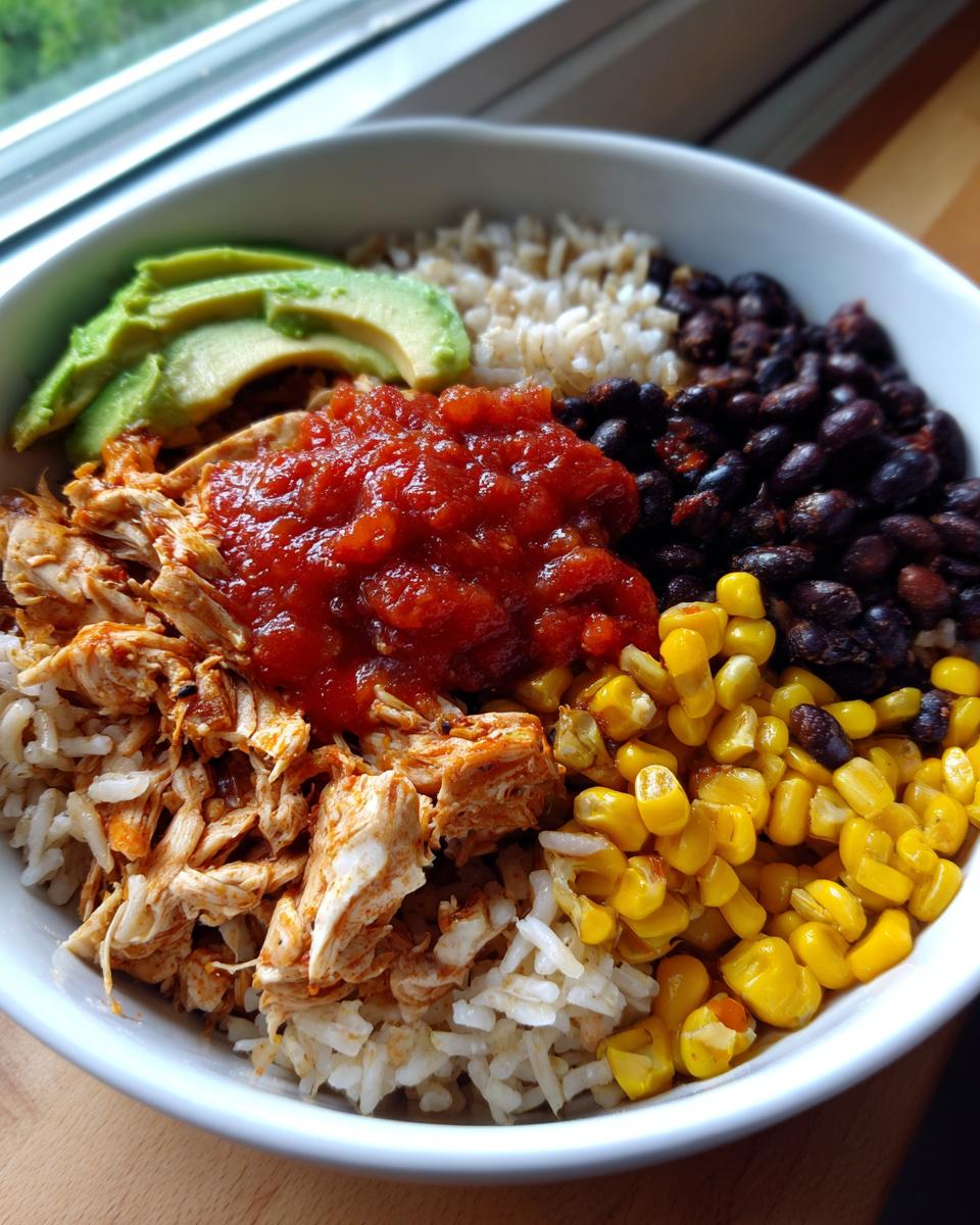 A white bowl filled with ingredients for a chicken burrito bowl, including shredded chicken, rice, black beans, corn, salsa, and avocado slices.