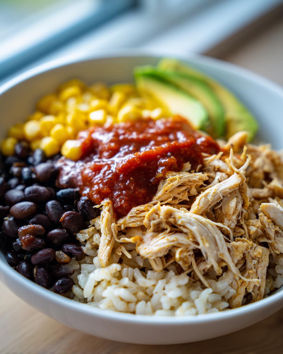 A close-up of a delicious chicken burrito bowl featuring shredded chicken, rice, black beans, corn, salsa, and avocado slices.
