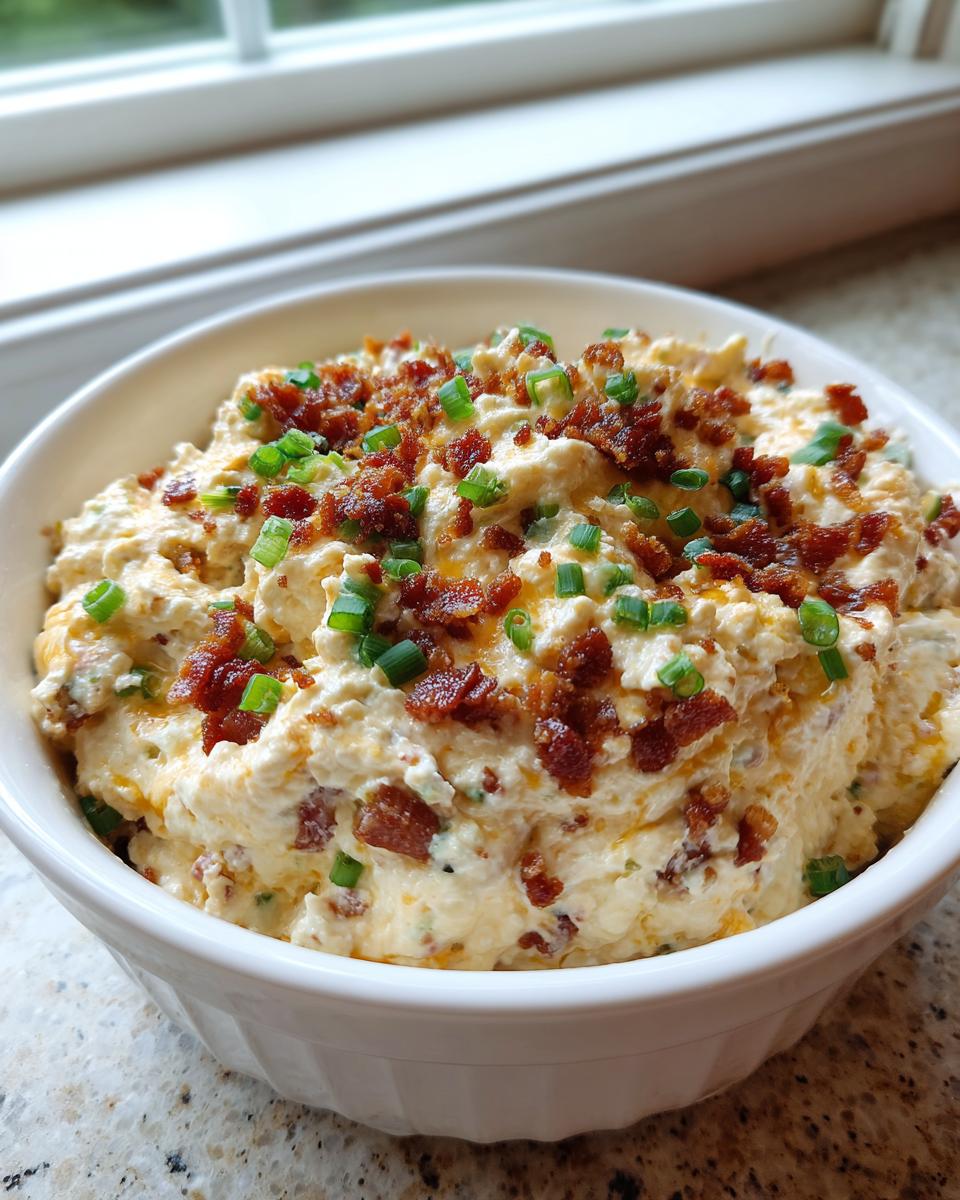 A close-up of creamy 5-minute million dollar dip topped generously with bacon bits and fresh green chives.