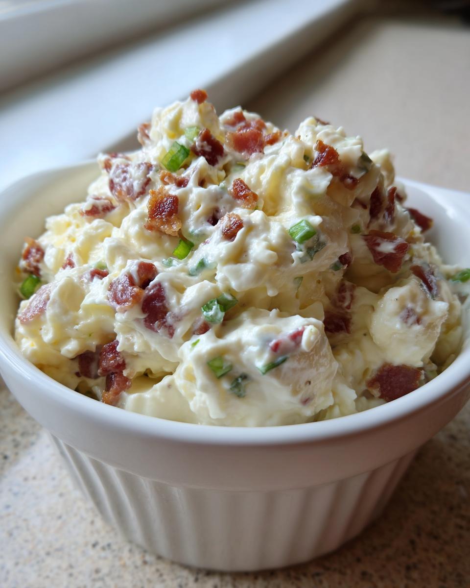Creamy, chunky 5-minute million dollar dip topped with bacon bits and green onions in a white ramekin.