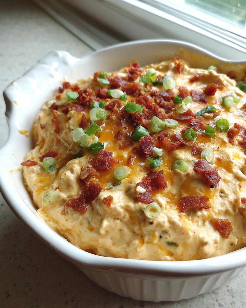 Creamy, cheesy 5-minute million dollar dip topped with bacon crumbles and fresh green onions in a white serving bowl.