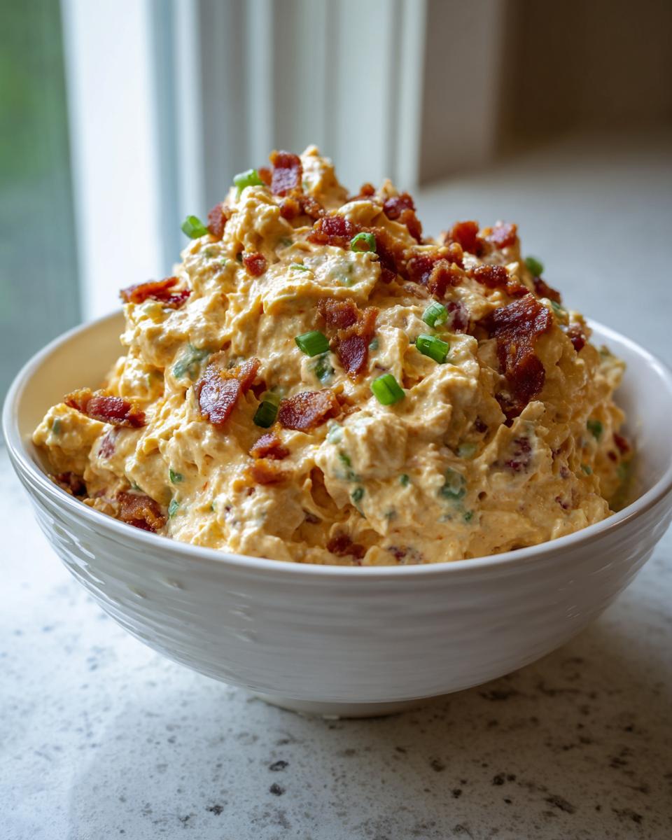 A creamy, orange-hued 5-minute million dollar dip piled high in a white bowl and garnished with bacon bits and green onions.