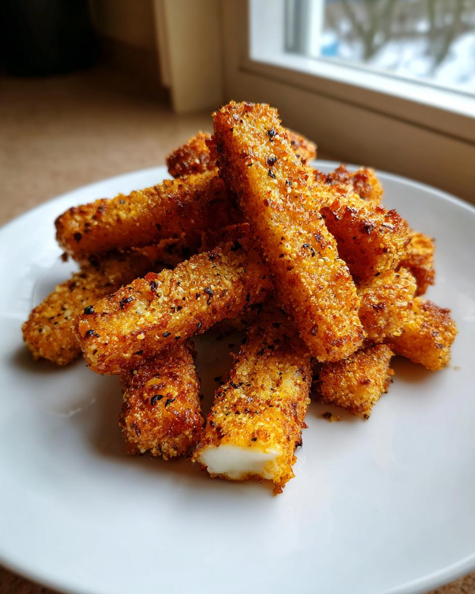 A pile of golden, crispy air fryer halloumi fries seasoned with spices, served on a white plate.