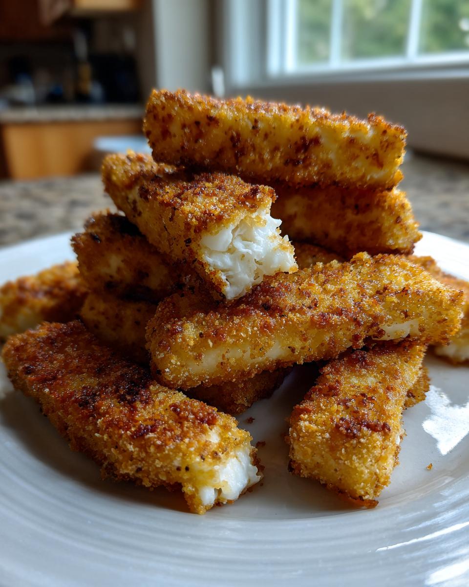 A stack of golden-brown, crispy air fryer halloumi fries piled on a white plate, one piece broken open showing the white cheese inside.
