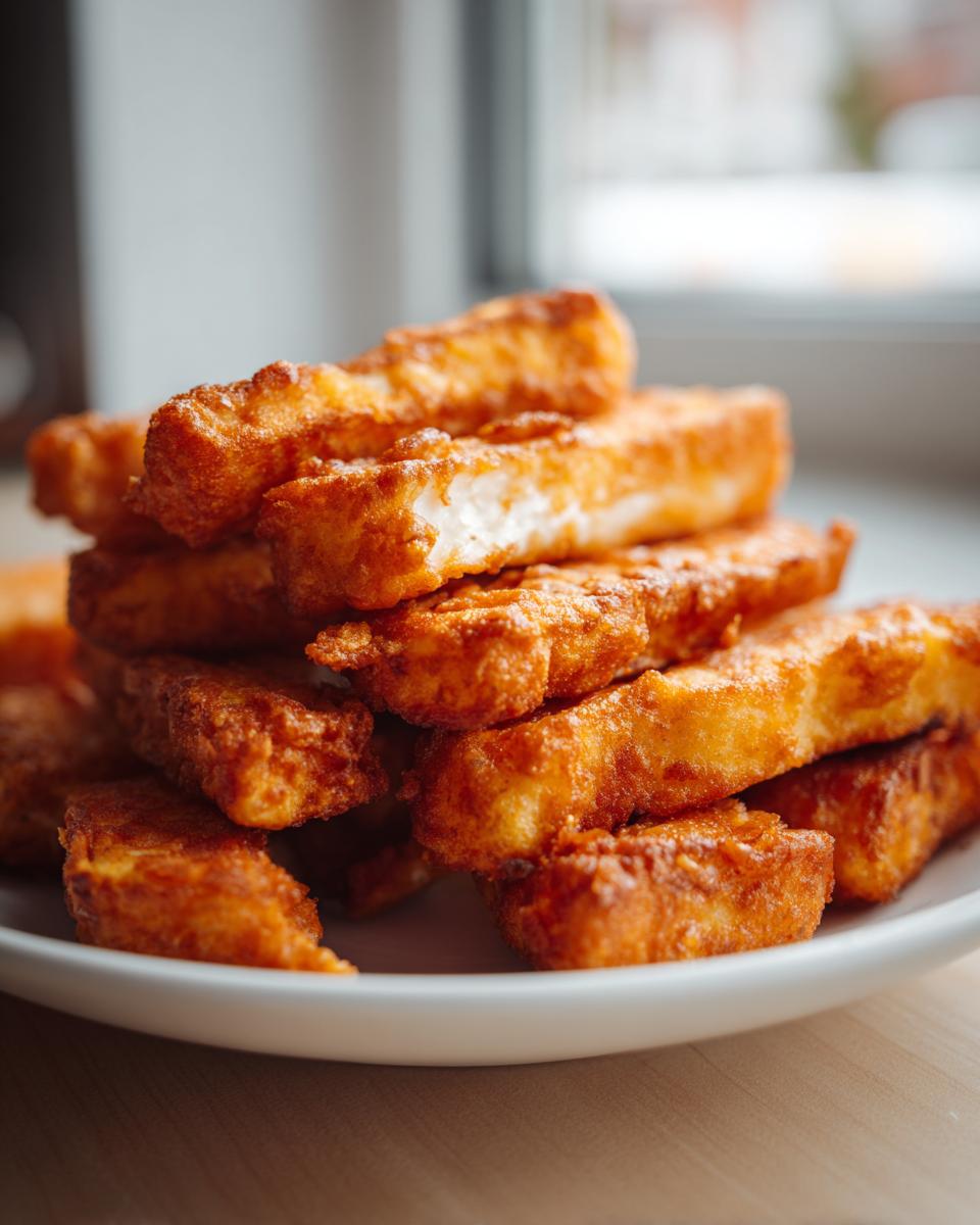 A close-up stack of crispy, golden brown air fryer halloumi fries piled high on a white plate.