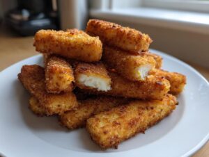 A pile of golden brown, crispy air fryer halloumi fries stacked high on a white plate.