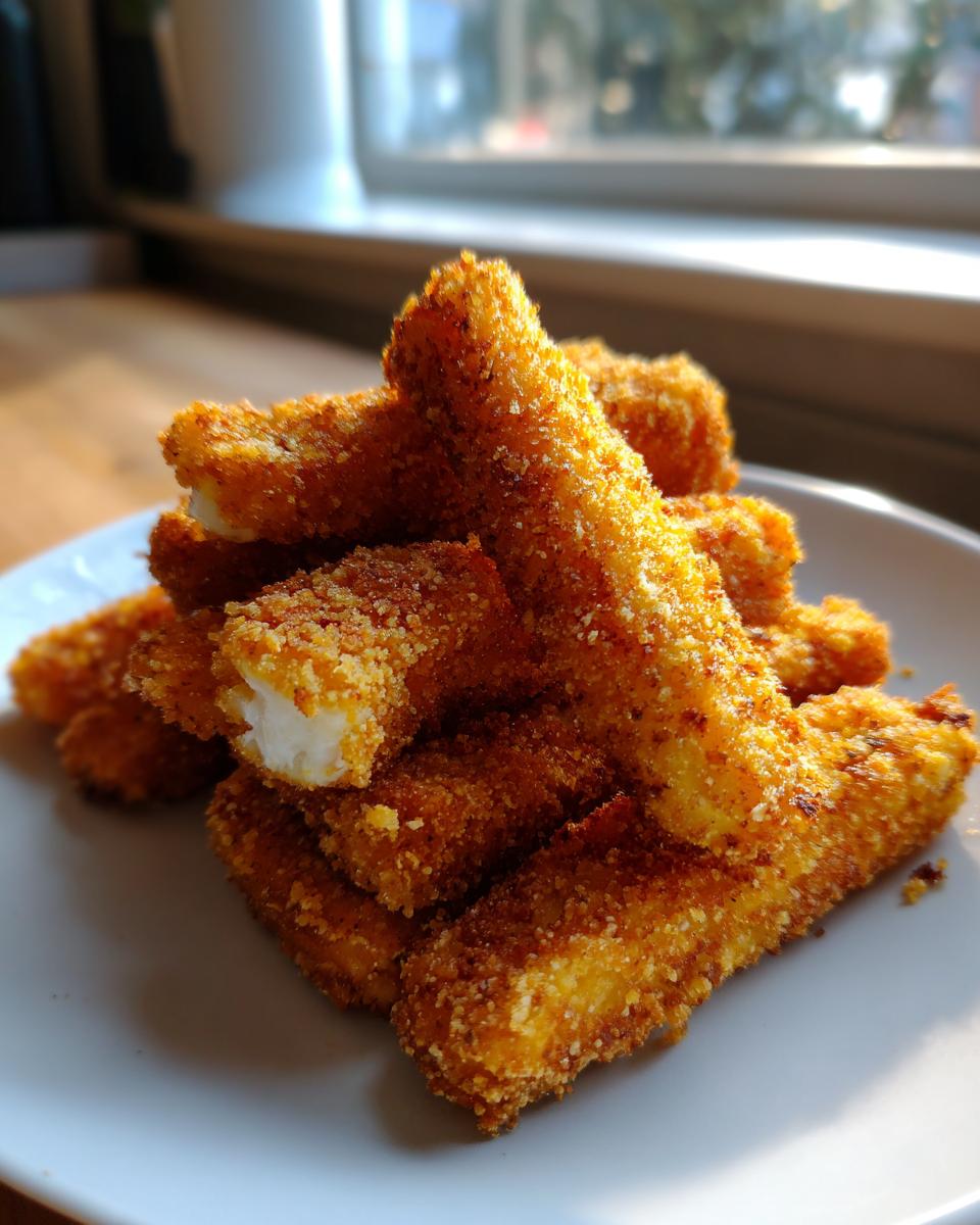 A close-up stack of golden, crispy air fryer halloumi fries on a white plate, showing the breaded texture.
