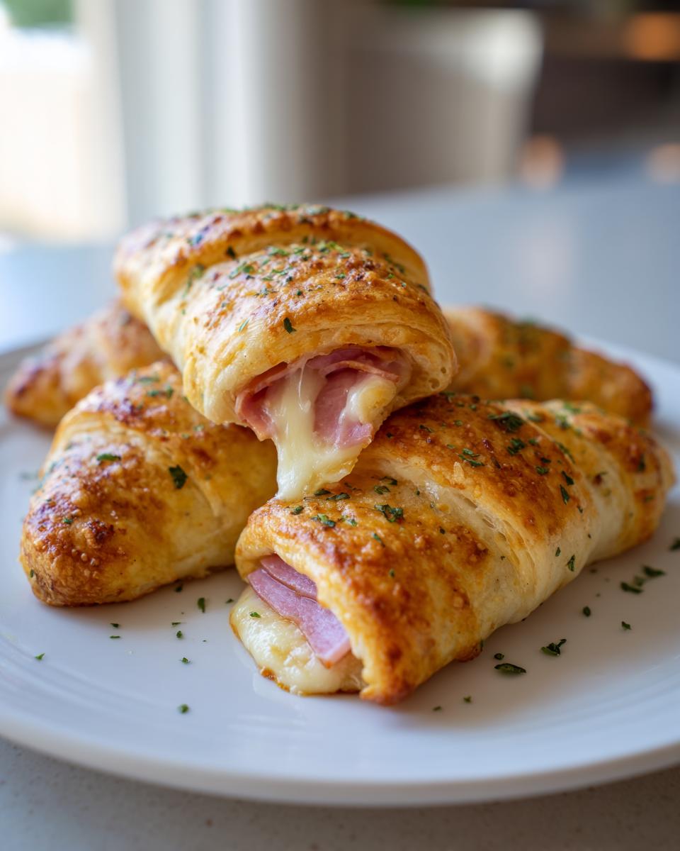 A stack of golden brown air fryer ham and cheese roll ups, one cut open showing melted cheese stretching.