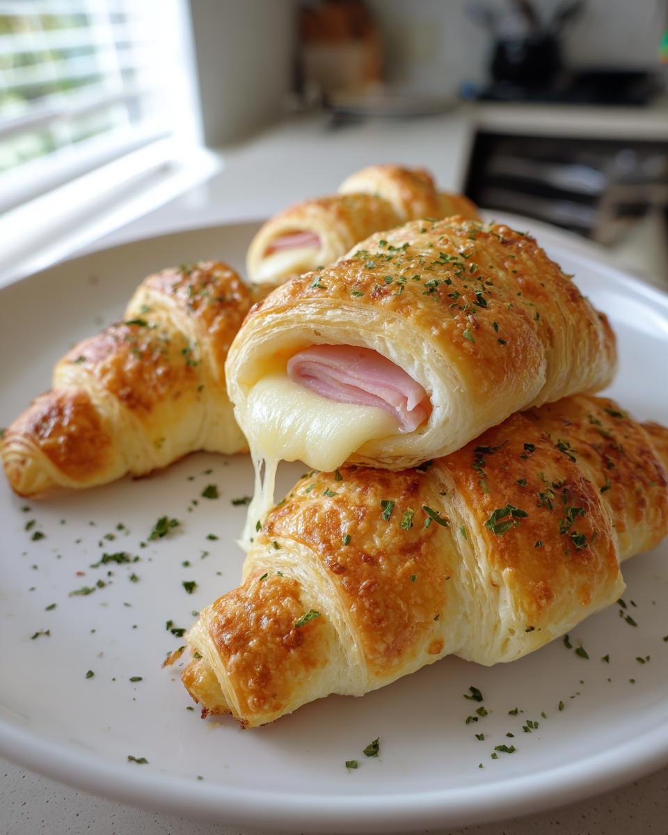 Close-up of golden brown air fryer ham and cheese roll ups, one cut open showing melted cheese.