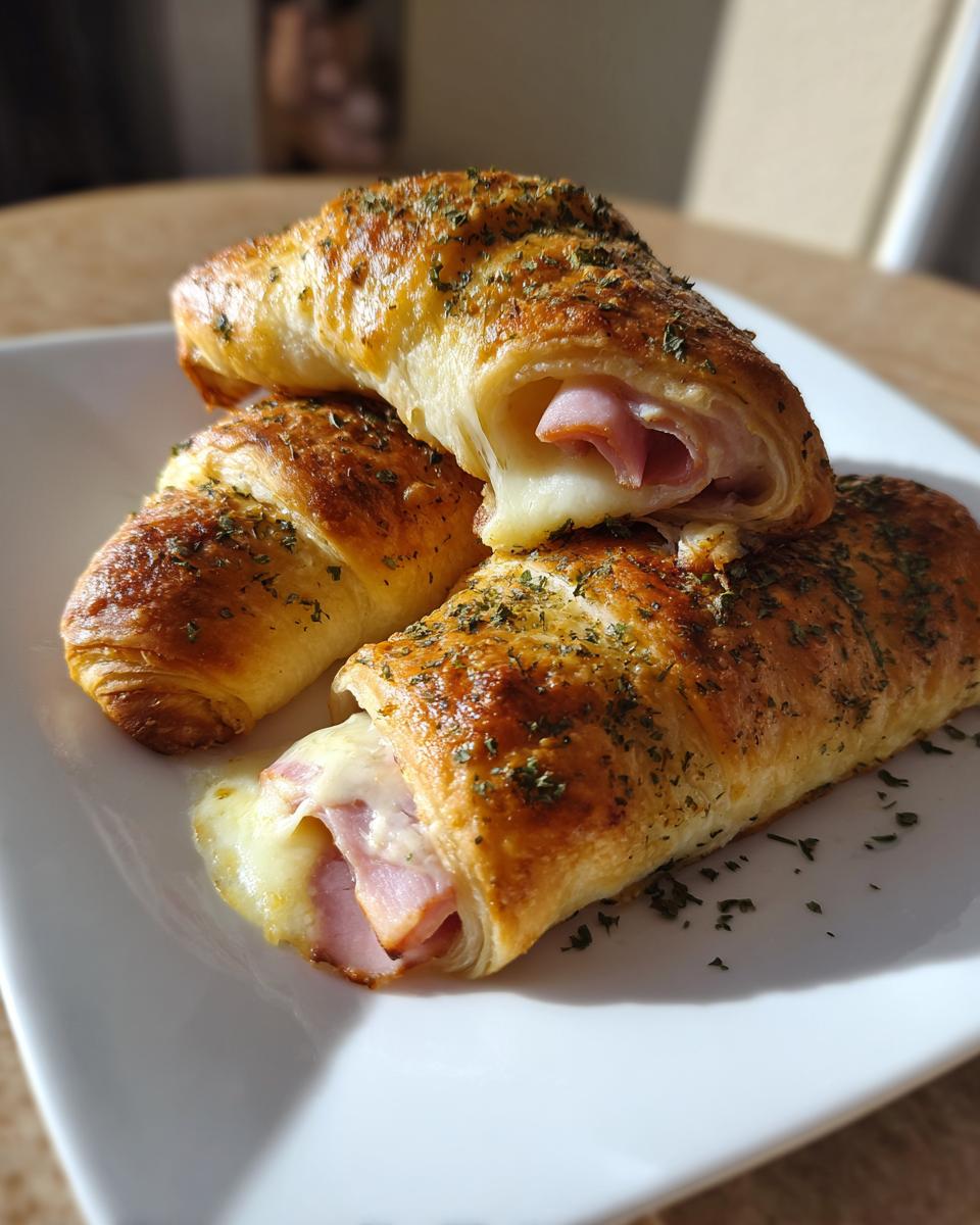 Three golden brown air fryer ham and cheese roll ups stacked on a white plate, showing melted cheese and ham filling.