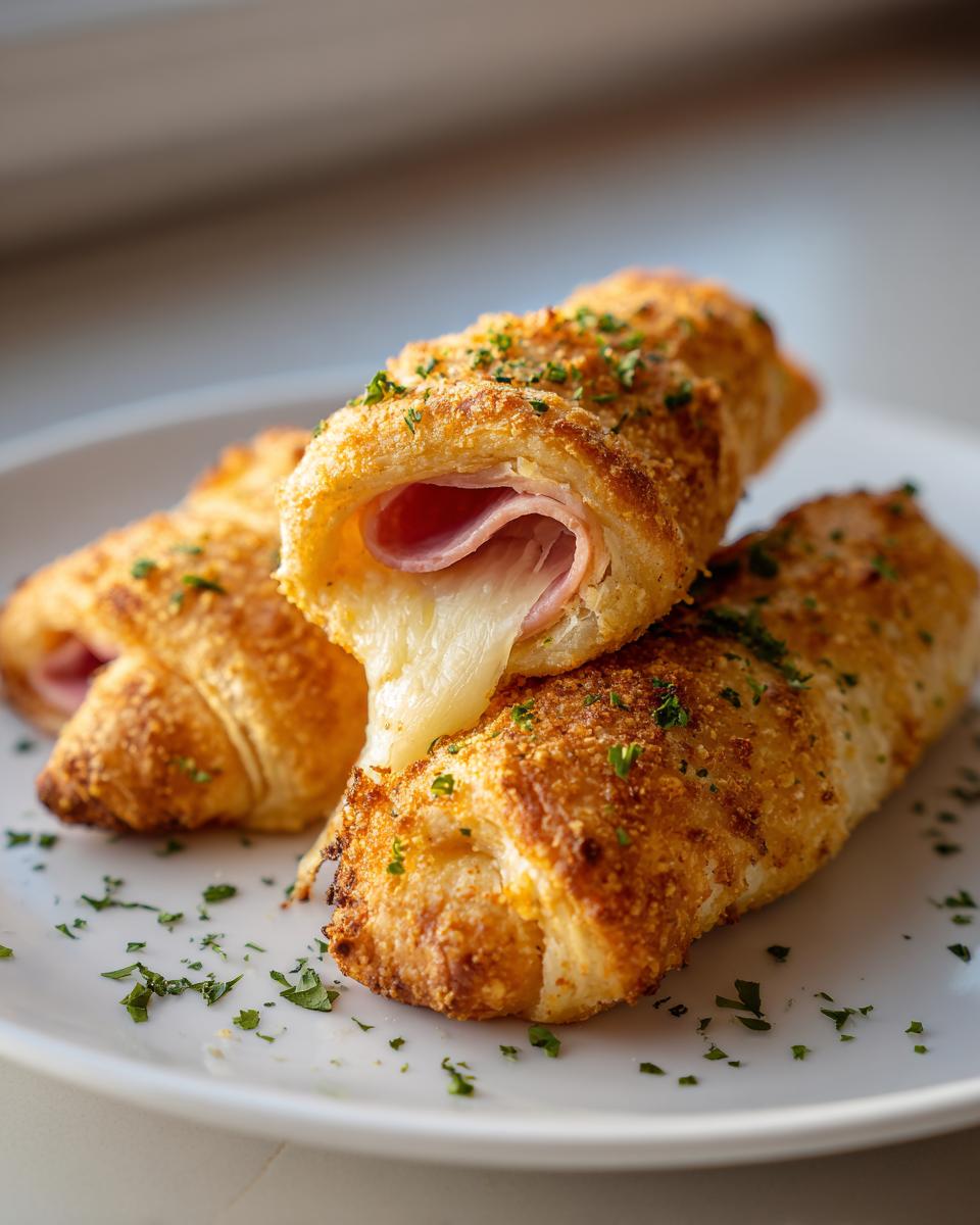 Close-up of golden brown air fryer ham and cheese roll ups with melted cheese oozing out, sprinkled with parsley.