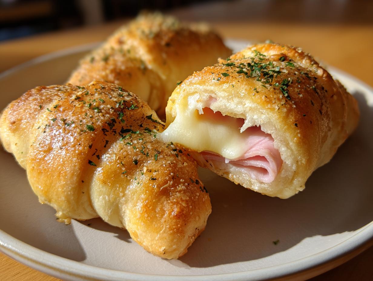 Close-up of air fryer ham and cheese roll ups showing melted cheese oozing out with ham inside.
