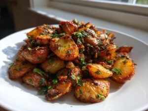 A close-up of a white plate piled high with golden brown roasted potato salad, seasoned with spices and fresh parsley.
