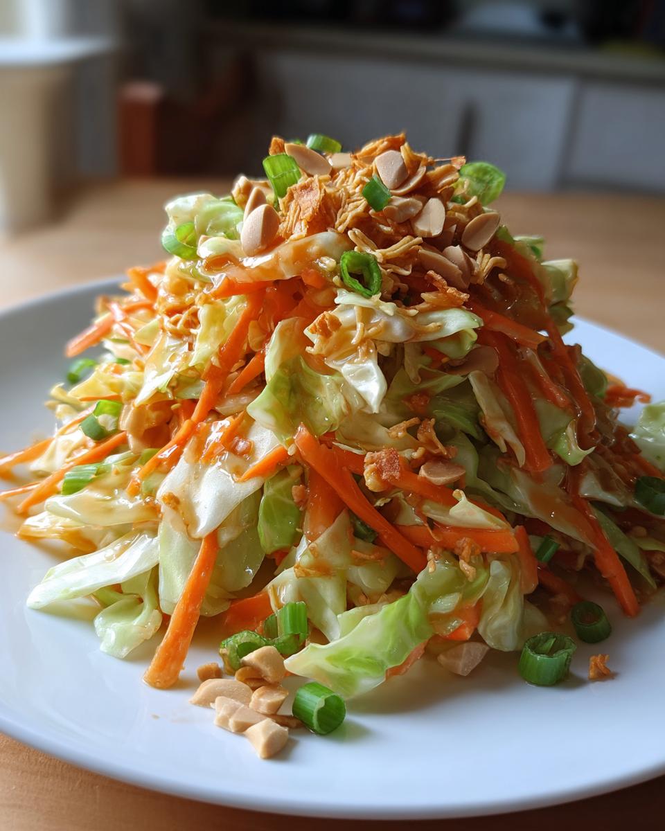 A vibrant mound of amazing asian cabbage salad featuring shredded cabbage, carrots, and topped with peanuts and green onions.