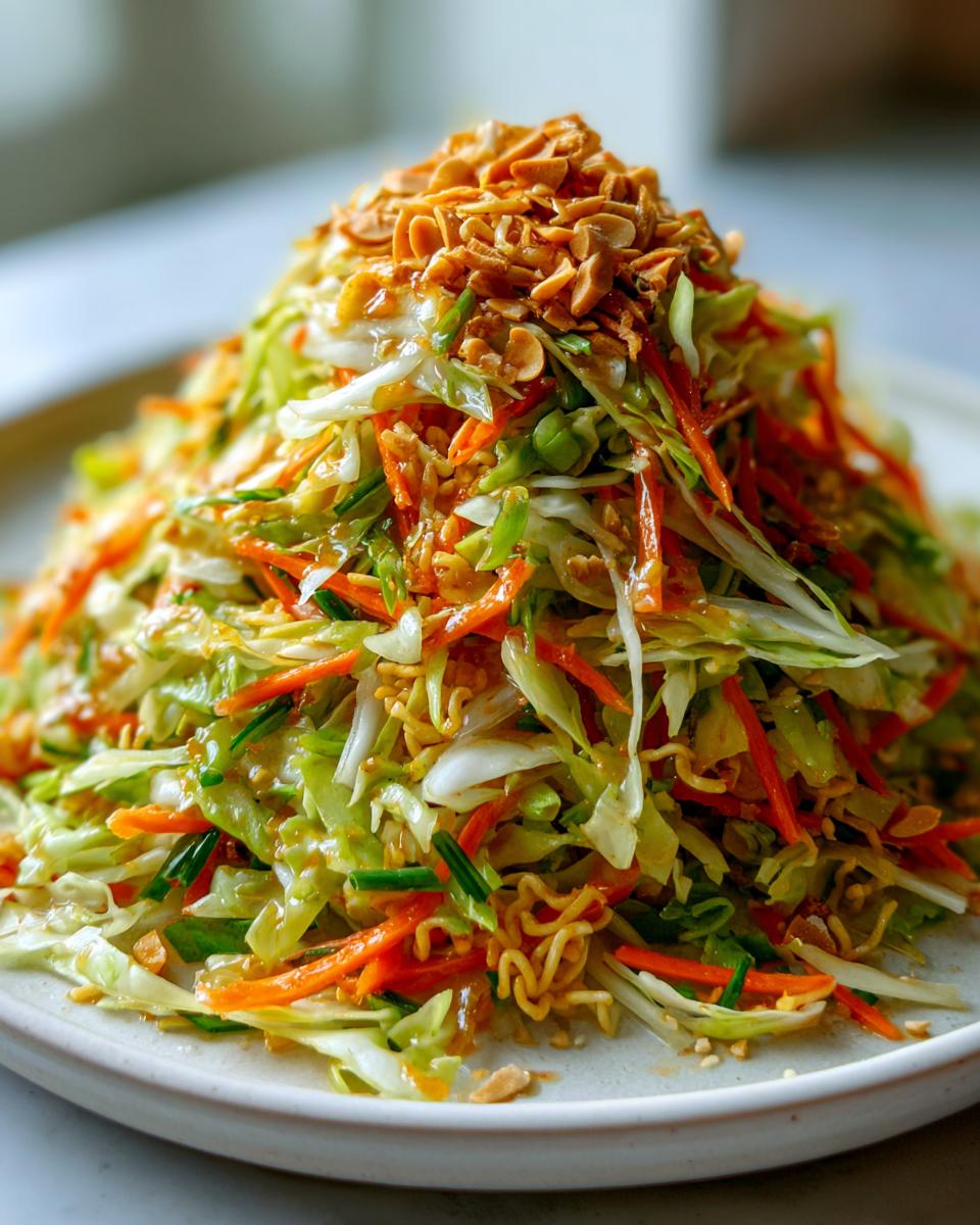 A tall mound of vibrant asian cabbage salad mixed with shredded carrots and crunchy noodles, topped generously with chopped peanuts.