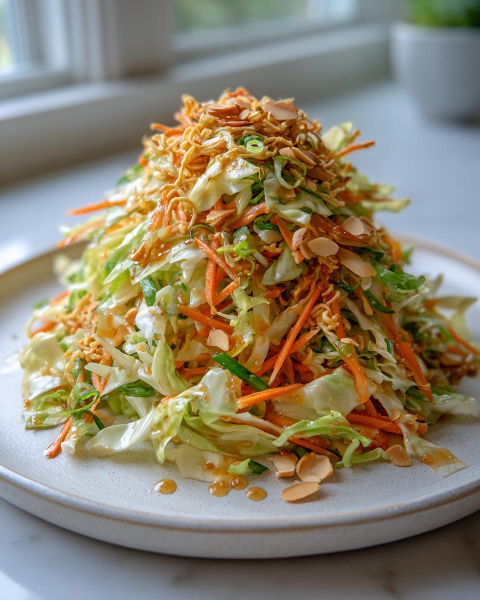 A tall mound of vibrant asian cabbage salad featuring shredded cabbage, carrots, and topped with crispy noodles and sliced almonds.