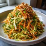 A tall mound of vibrant asian cabbage salad mixed with shredded carrots and topped with crushed peanuts and green onions.