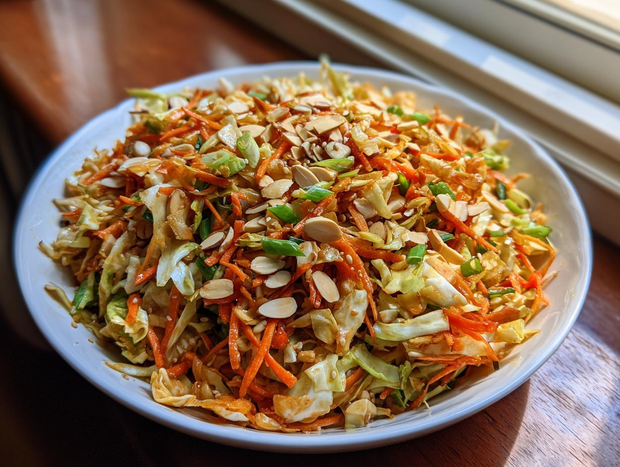 A vibrant bowl of asian ramen noodle salad featuring shredded cabbage, carrots, and topped with sliced almonds and green onions.