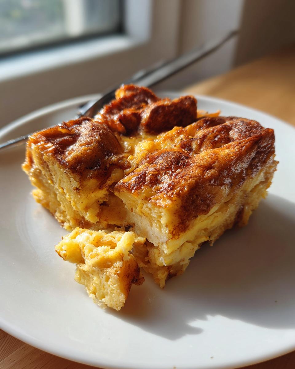 A square serving of golden brown baked french toast on a white plate, catching sunlight.
