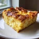 A close-up of a golden brown slice of amazing baked french toast served on a white plate.
