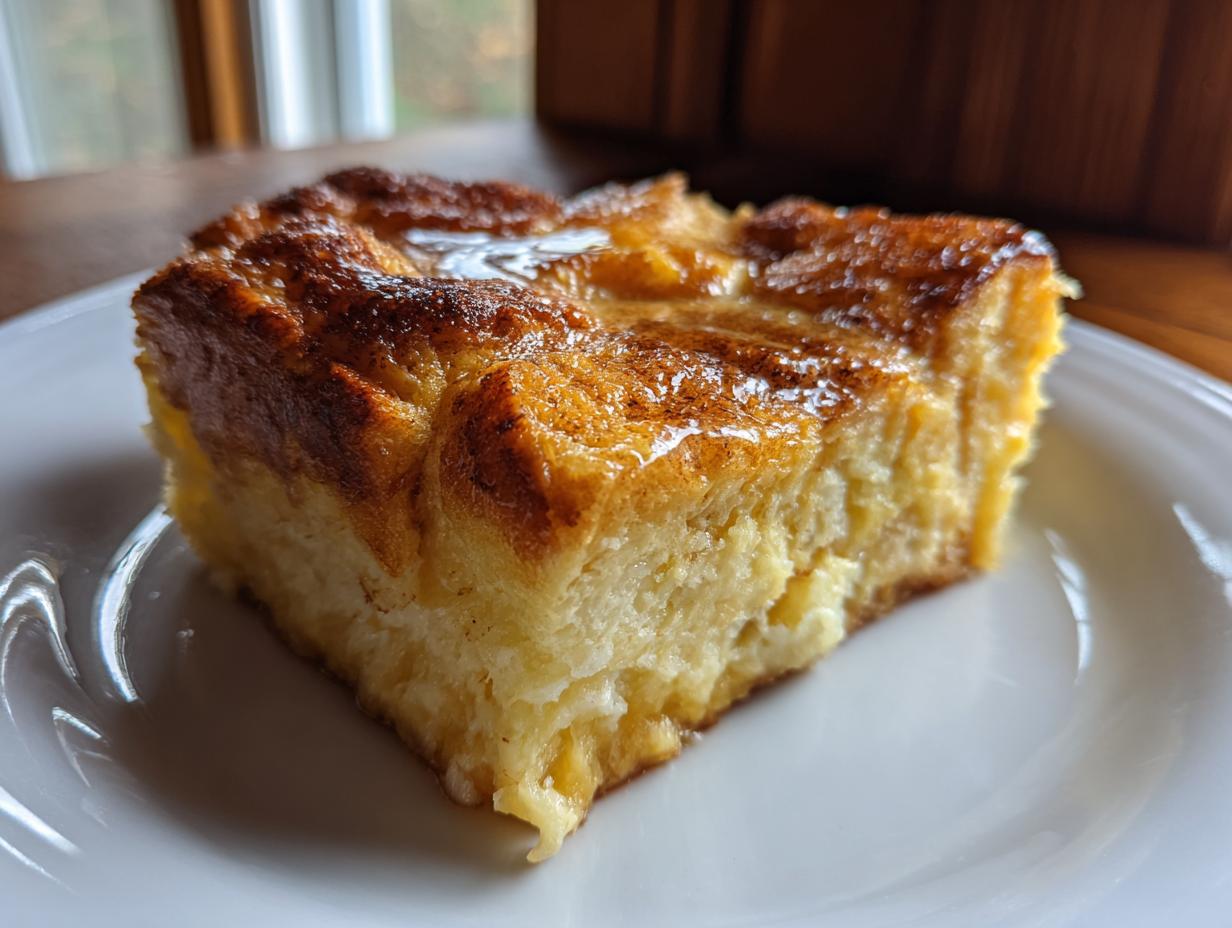 Close-up of a single, golden-brown square serving of amazing baked french toast on a white plate.