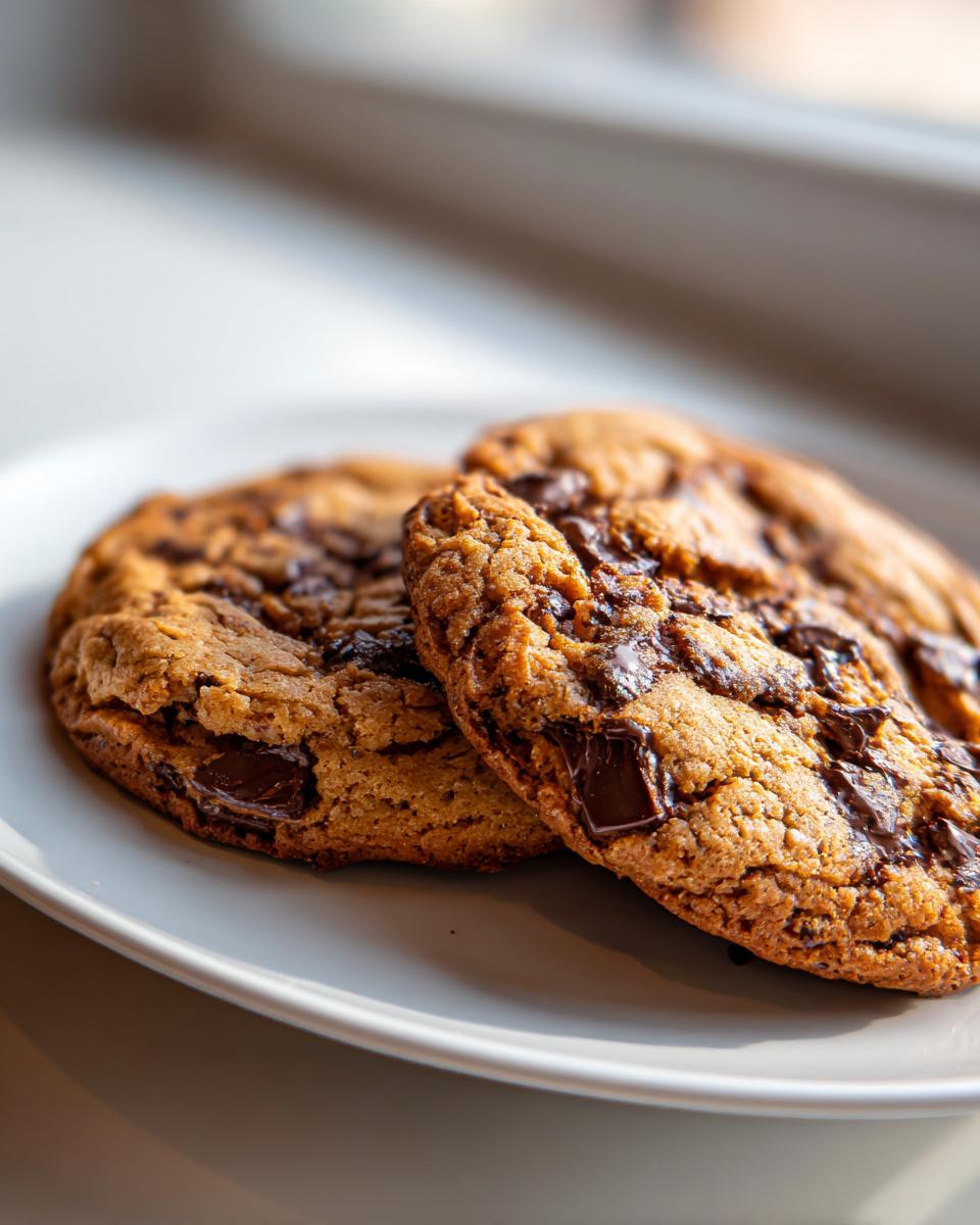 Close-up of two soft, chewy banana bread cookies loaded with melted chocolate chunks on a white plate.