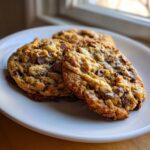 Three freshly baked banana bread cookies loaded with chocolate chips resting on a white plate.