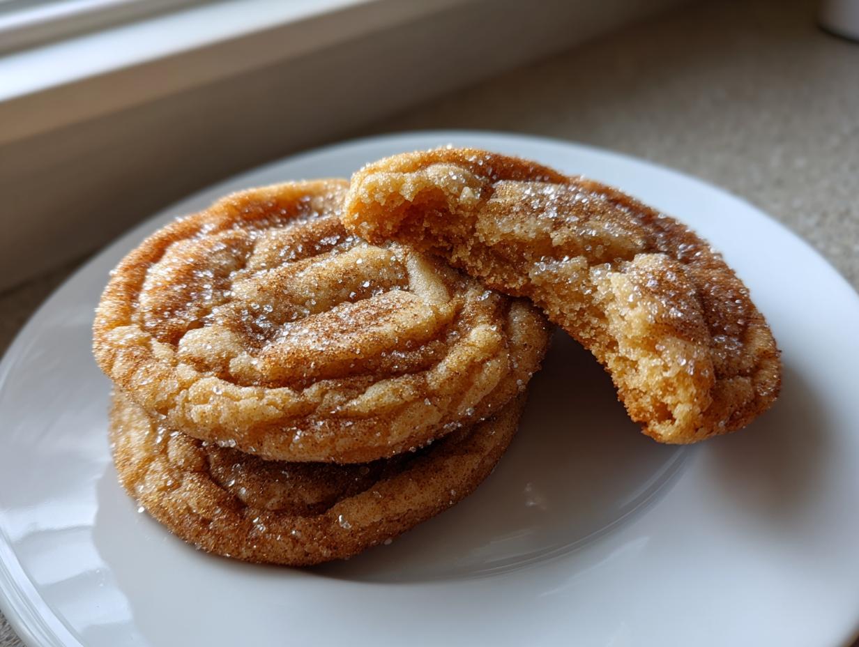 Three amazing brown butter sugar cookies, one broken in half to show the soft interior, coated in cinnamon sugar.
