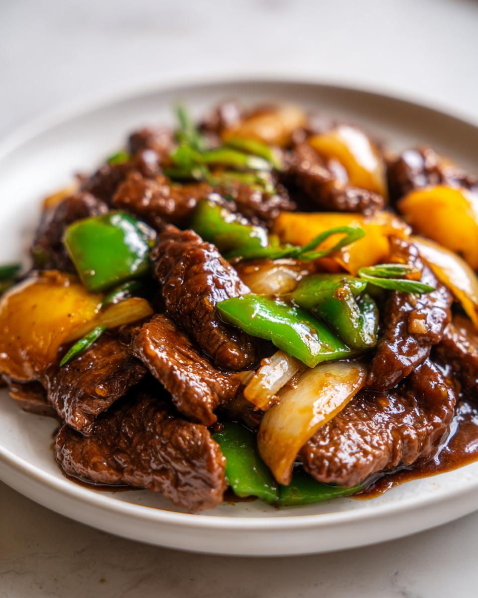 Close-up of tender beef strips coated in dark sauce with bright green peppers and onions in amazing chinese pepper steak.